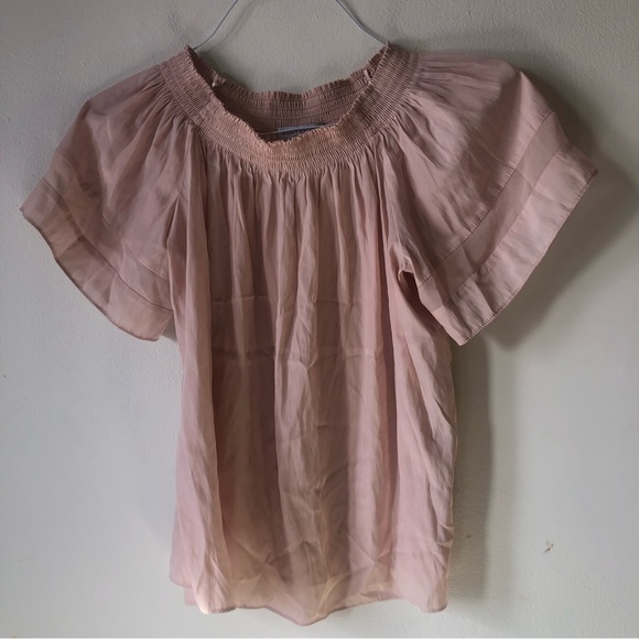 ❤️Ramy Brook New York Jessica Silky Smocked Off the Shoulder Blush Top Size S/P - Picture 3 of 9